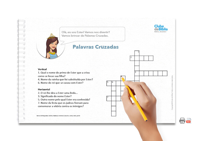 Atividade para Ministério Infantil: Palavras Cruzadas. Ester