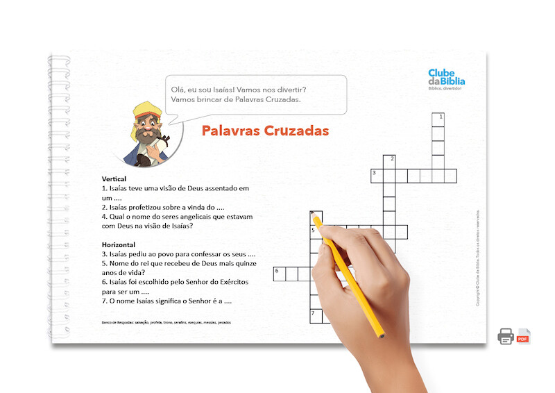 Atividade para Ministério Infantil: Palavras Cruzadas. Isaías