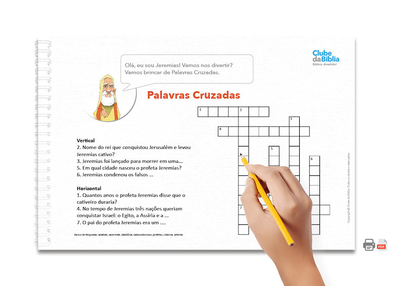 Atividade para Ministério Infantil: Palavras Cruzadas. Jeremias