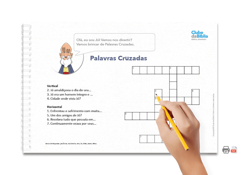 Atividade para Ministério Infantil: Palavras Cruzadas. Jó