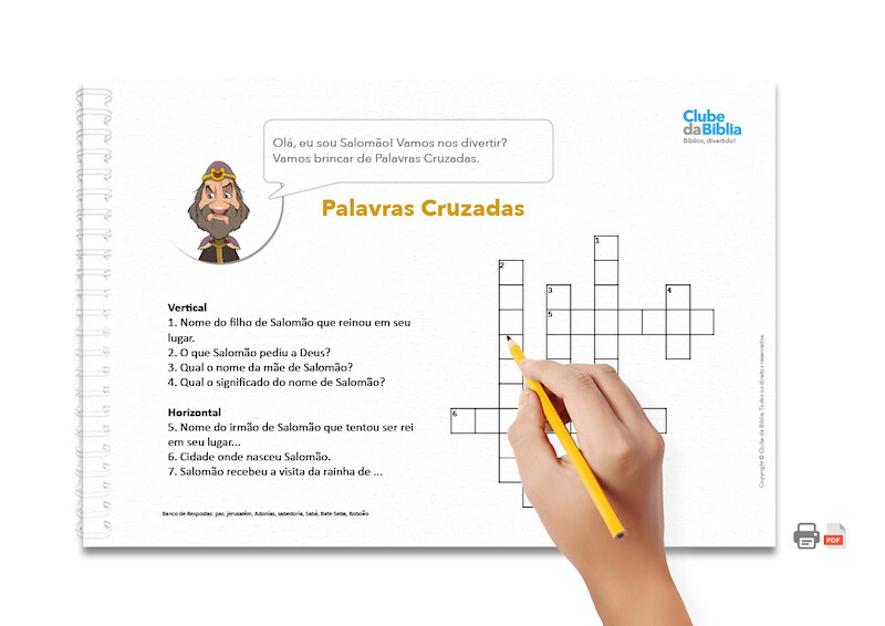 Atividade para Ministério Infantil: Palavras Cruzadas. Salomão